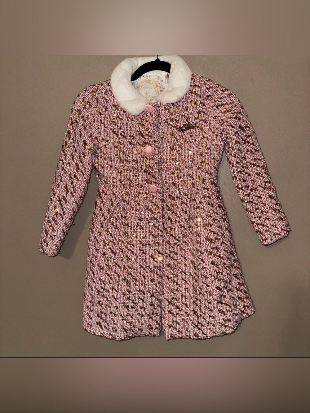 Disney Princess Pink Tweed Coat Sequins Faux Fur Collar Snap Up Girls Small 5-6